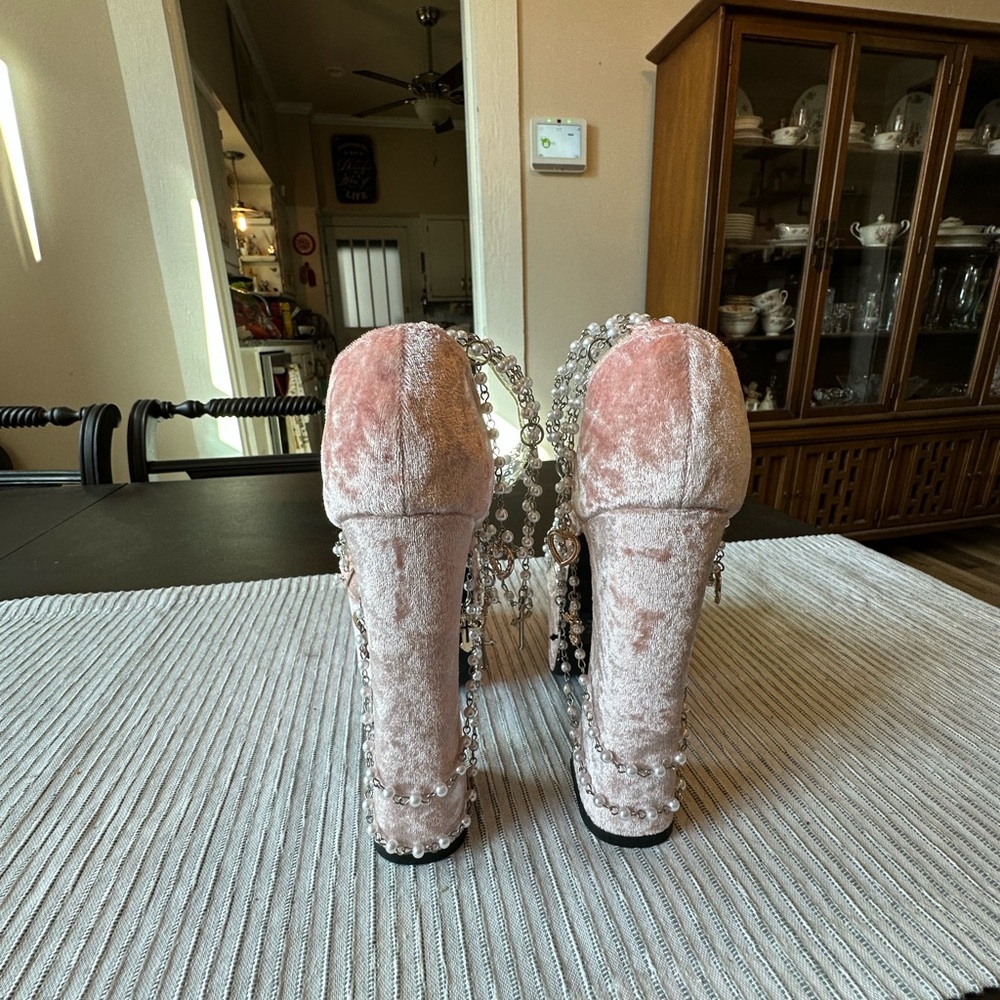 Sugar Thrillz Pink Velvet Pearl Embellished Platform Heels - Picture 4 of 5
